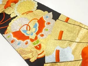 アンティーク　檜扇に蝶・菊模様織出し袋帯（材料）